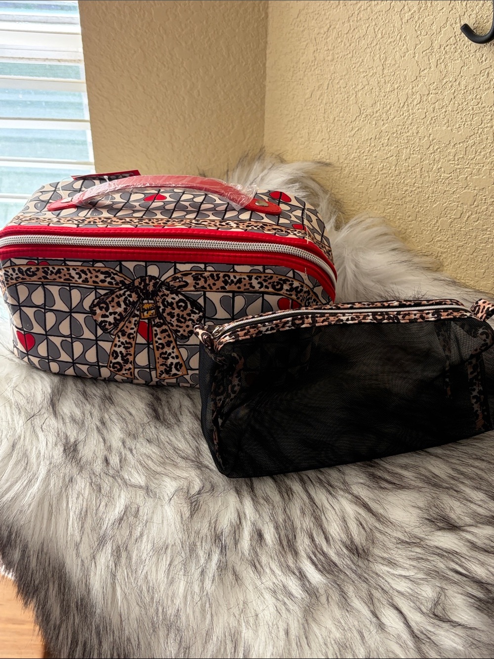 Brighton Wild Love geometric Leopard print & black mesh cosmetic bags